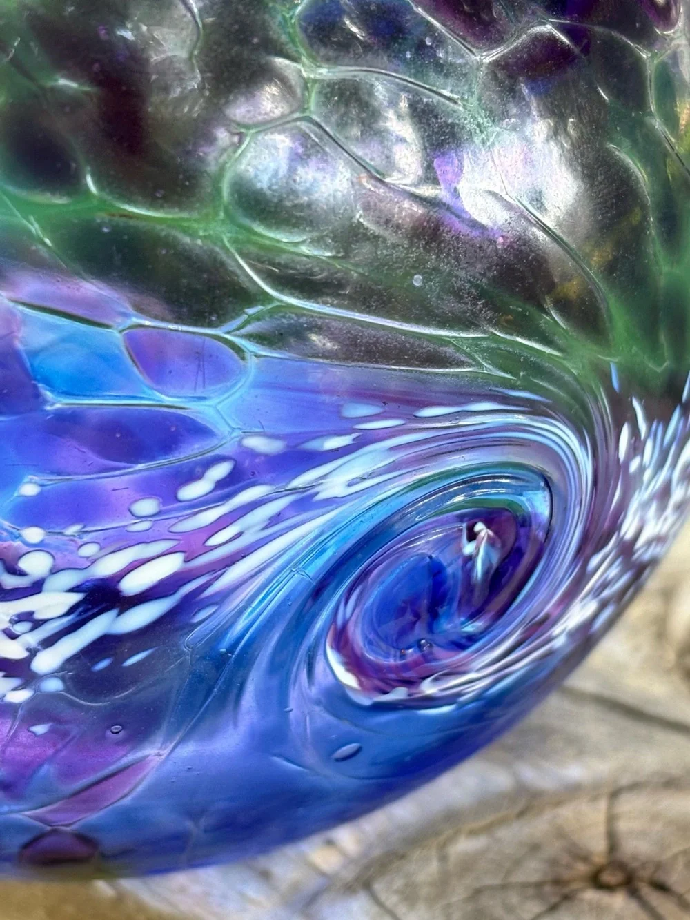Hand Blown Canadian Glass Oil Lamp Purple/Blue Swirl Crackle Finish Vtg